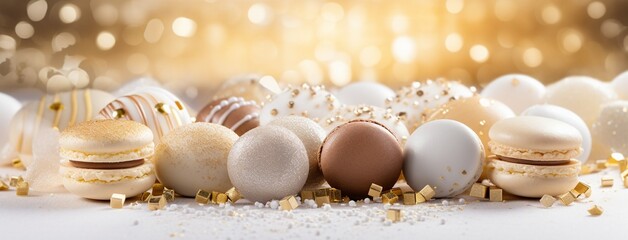 Gold and white elegant and luxurious French macarons at a New Year's Eve night party. Food photography