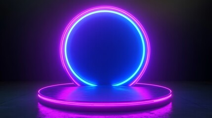 Cyberpunk podium with glowing blue and purple round portal, high-definition 3D render in neon style.