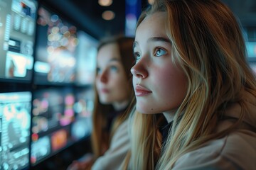 Two young girls focused on screens in a modern tech environment.