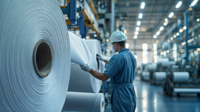 a factory setting with a large spool of white paper or material, and a person in a hard hat and blue protective clothing handling the paper