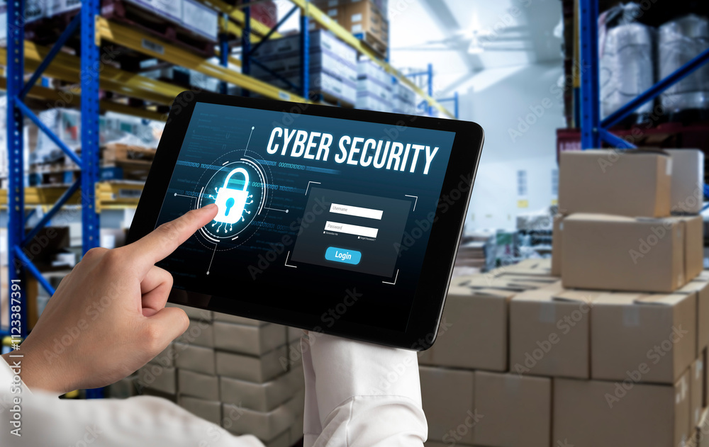 Poster cyber security system on computer screen protect private information snugly from hacker and cyber at
