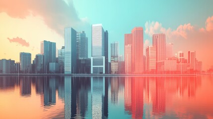 Obraz premium technology-driven cityscape flat design front view urban innovation 3D render Split-complementary color scheme