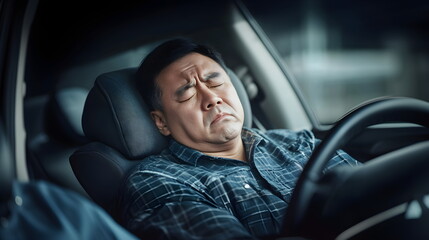 Obraz premium A plump middle-aged Asian man is sleeping at the wheel of a car. He is tired, sleepy and decided to take a nap in the car. It is daytime outside