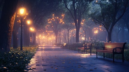 Peaceful Pathway in a Misty Park Illuminated by Street Lights