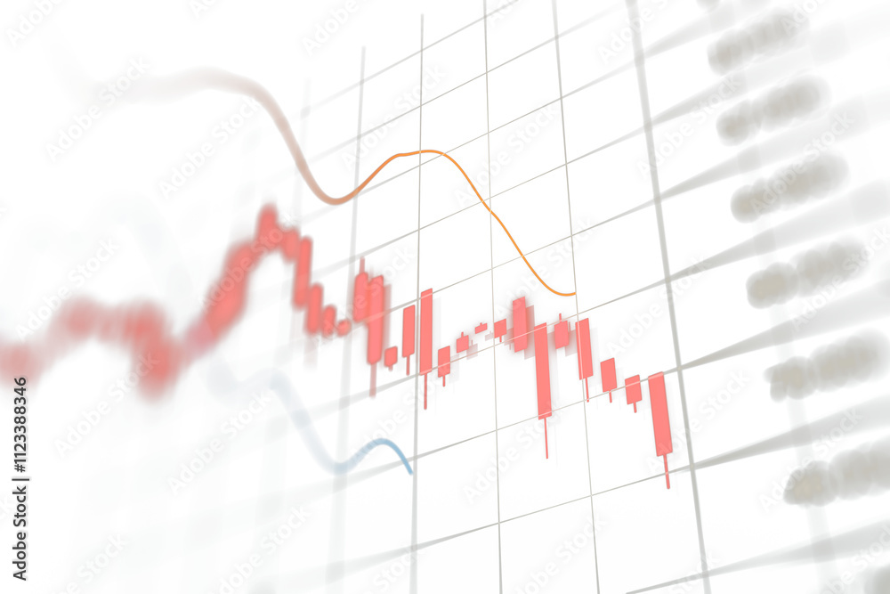 Poster Red candlestick chart and trendlines on a blurred white grid, representing market data and analysis concepts on a clean background. 3D Rendering.