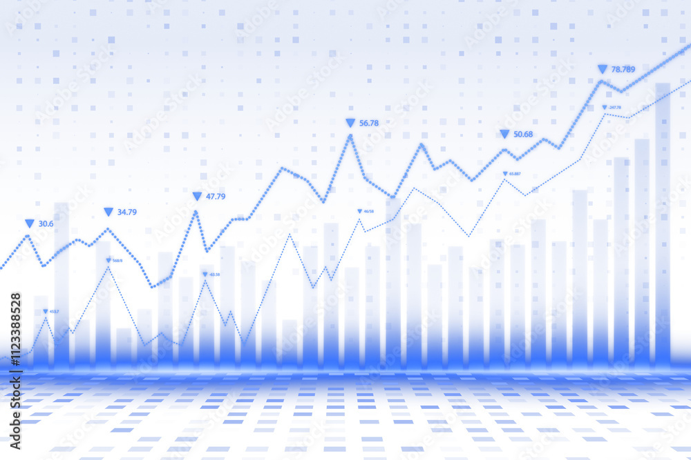 Leinwandbilder financial chart with blue dotted lines, light gradient background, bar graph, and data points, showi