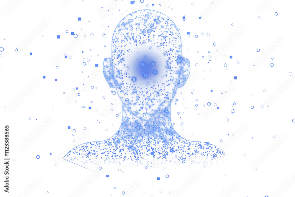 Poster digital human silhouette made of blue geometric shapes, outlines on a white background. concept of v