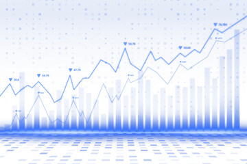 Fototapeta premium Financial chart with blue dotted lines, light gradient background, bar graph, and data points, showing digital analysis and progress concept. 3D Rendering.