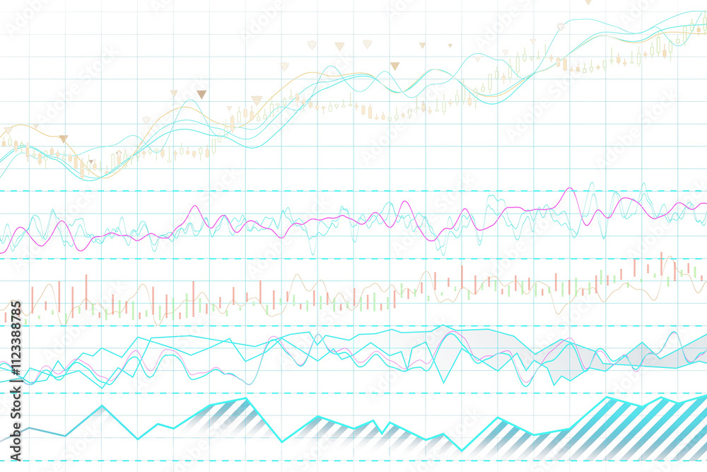 Poster Financial graphs and stock indicators in a clean digital style, displayed on a white grid background. Concept of analytics and trading. 3D Rendering.
