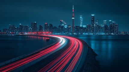 Fototapeta premium Night cityscape with light trails on highway.