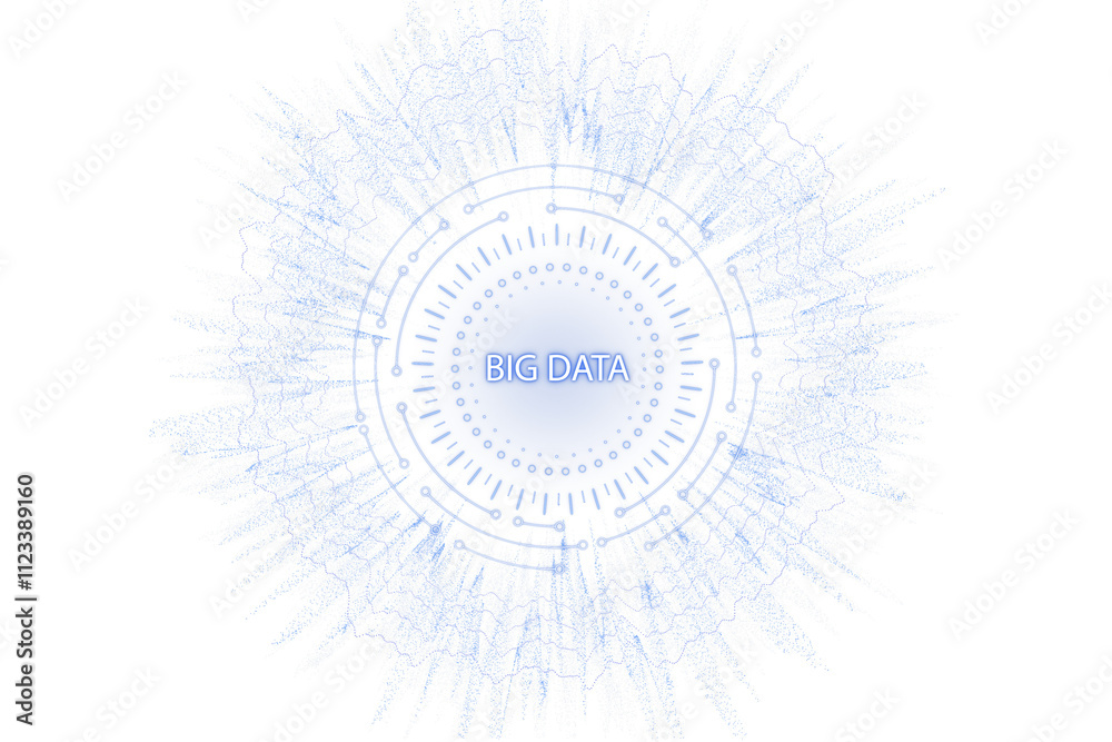 Poster Circular holographic interface with BIG DATA text in neon style, surrounded by digital lines, futuristic tech design on a white background. 3D Rendering.
