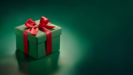 Fototapeta premium Festive green velvet box with red satin bow, dark bokeh background, elegant look