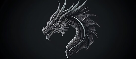 Dark fantasy dragon head logo with intricate details on black background. Vector style with sharp edges and mythical features.
