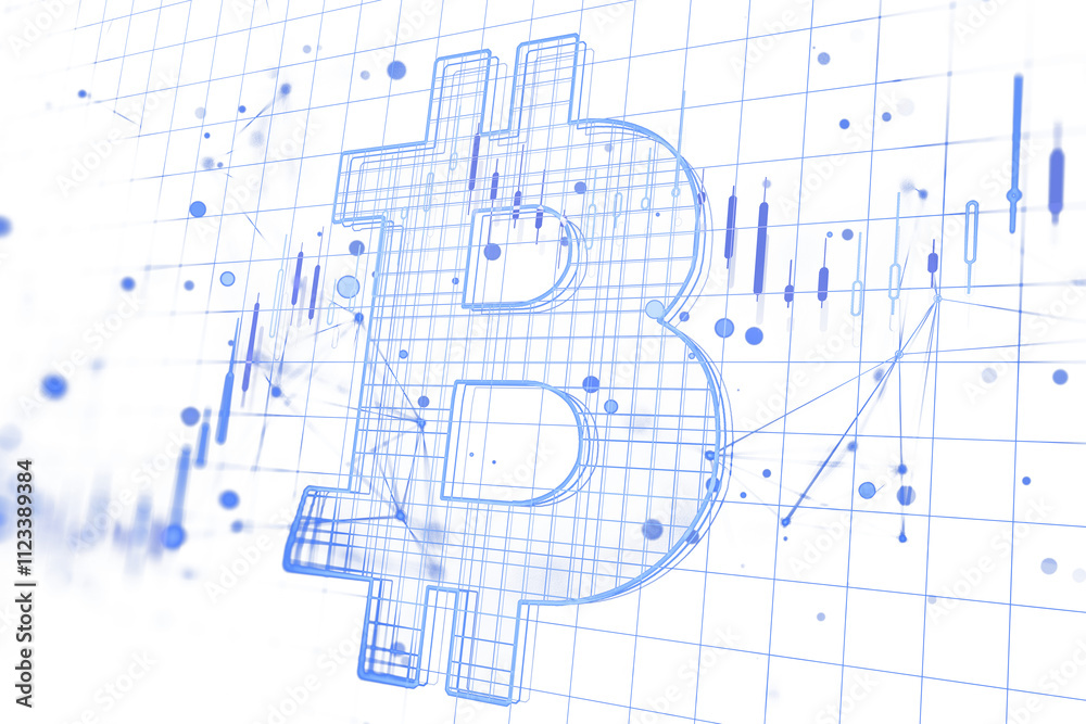 Poster Bitcoin symbol in a grid layout with chart graphics, white background, clean design, concept of cryptocurrency and virtual finance tech. 3D Rendering.