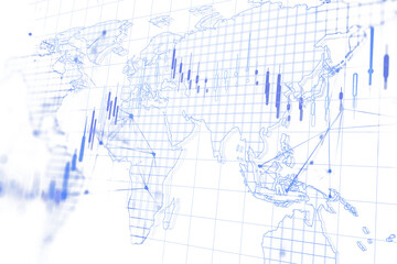 Abstract global map with blue candlestick charts over a grid background, blending digital and financial concepts in a clean, modern style. 3D Rendering.