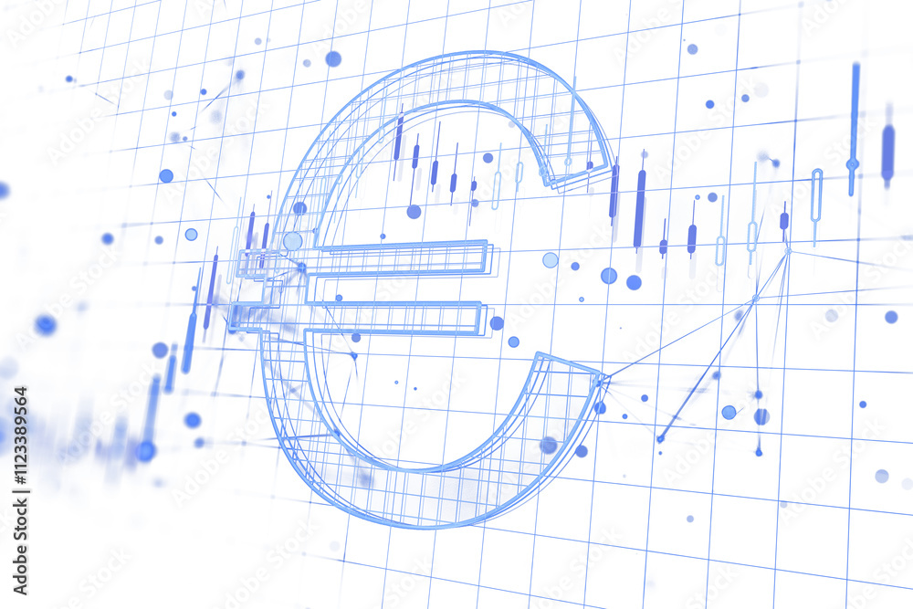 Poster Blue euro symbol in wireframe style with financial data graph, grid lines, and abstract dots on white background. Concept of finance. 3D Rendering.