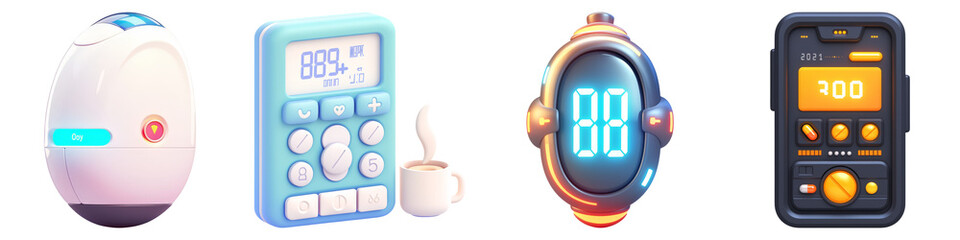 health warning and awareness on a transparent background. concept. Four colorful digital devices including a timer, watch, and a coffee cup icon.