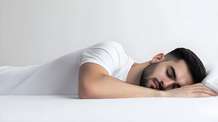 Obraz premium Caucasian white man with beard sleeping in white t-shirt on clean white bed with pillow, white empty color, side view of mattress with bed linen. Copy space. 