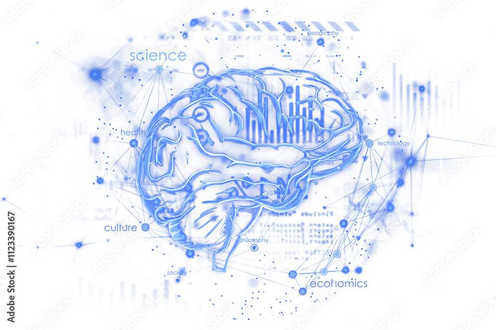 Poster abstract digital illustration of a brain in blue with neural-style connections, white background, ho