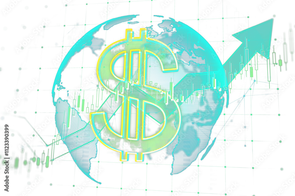 Poster neon dollar sign overlaying globe with financial graphs and green arrow on white background, represe