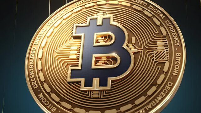 Close-up of a gold and blue Bitcoin symbol, highlighting cryptocurrency and blockchain technology with a modern, futuristic vibe. 3D animation render4K