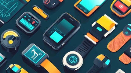 Fototapeta premium wearable technology devices flat design top view fitness tech theme animation Triadic Color Scheme 