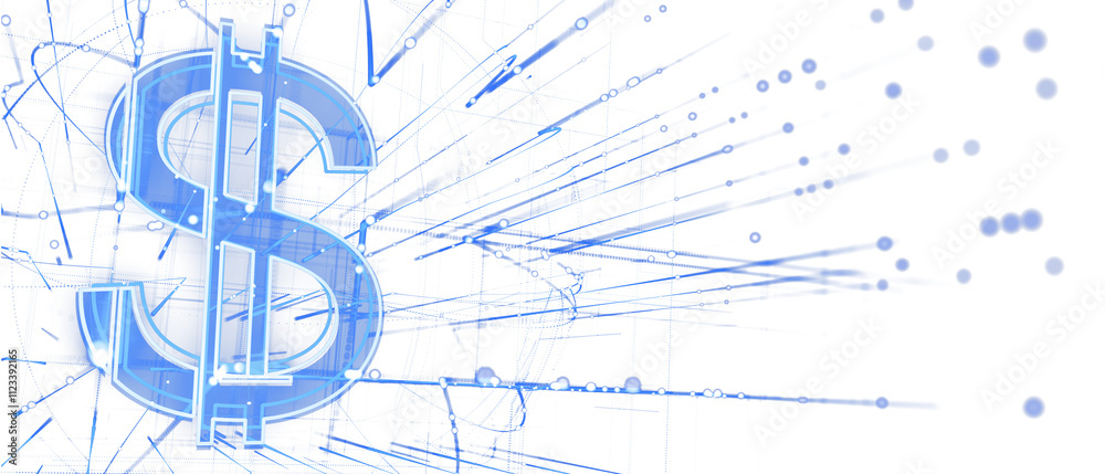 Poster transparent blue dollar sign, digital hologram style, surrounded by neon lines and dots on a clean w