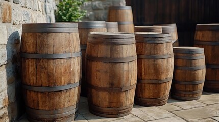 Fototapeta premium Wooden Oak Barrels in a French Winery with Soft and Bright Lighting