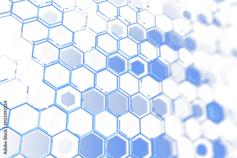 Poster blue hexagonal geometric pattern with glowing details, digital graphic style, white blurred backgrou