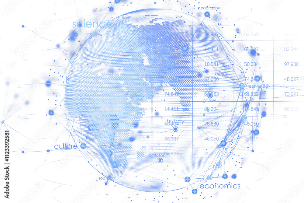 Fototapete Digital representation of a globe with blue hexagonal patterns, data points, and network lines on a white background, concept of technology. 3D Rendering.