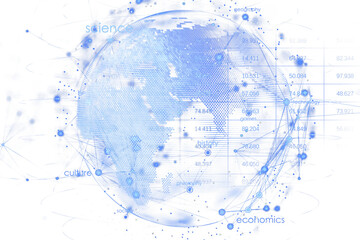 Obraz premium Digital representation of a globe with blue hexagonal patterns, data points, and network lines on a white background, concept of technology. 3D Rendering.