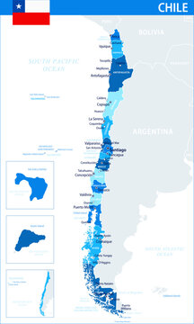 Chile Map Vector Blue Spot - Customizable layered political map of Chile with administrative divisions for website, education, reports, news, politics, print, poster and wallpaper