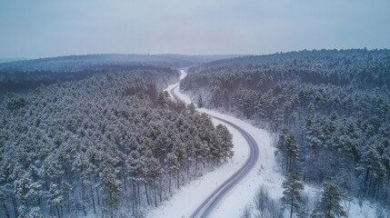 Fototapeta premium An aerial shot of a dense snowy forest, with a winding road cutting through the landscape, flanked by snow-dusted evergreens