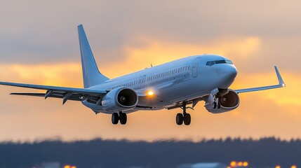 Obraz premium An airplane landing against a sunset backdrop.
