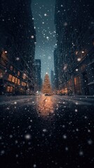 Fototapeta premium Snowy City Street at Night with Illuminated Christmas Tree