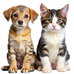 Obraz premium portrait of a cute cat on adorable puppy isolated on transparent background