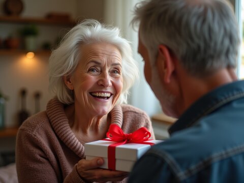 An elderly woman with a beaming smile joyfully holds out a gift while looking at a man in a casual setting, filled with warmth and happiness.