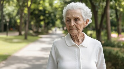 Cancer disease and immunotherapy, A thoughtful elderly woman walks alone on a tree-lined path, showcasing tranquility and reflection in a serene outdoor setting.