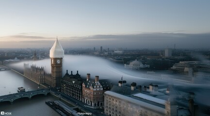 Fototapeta premium Foggy London Skyline: Iconic Clock Tower and Parliament Enveloped in Mist