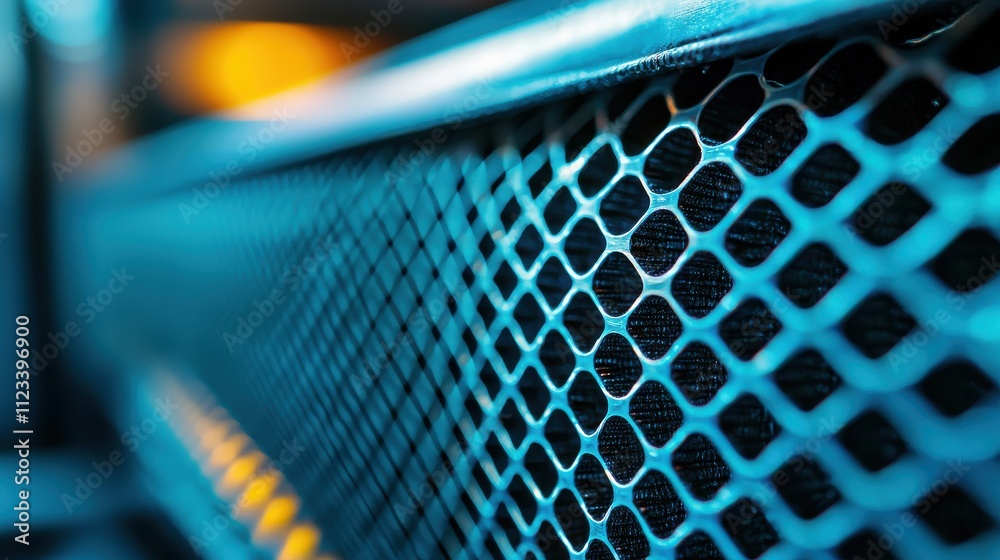Aufkleber a close-up view of a textured metal mesh with a blue hue, showcasing intricate patterns and glowing 