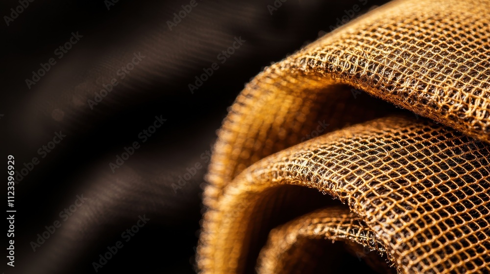 Poster close-up of woven fabric showcasing textured patterns in warm golden hues against a dark backdrop.
