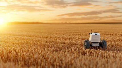 Autonomous tractor in golden wheat field. Sustainable Agri-Tech Smart Farming Solutions Future of Agriculture
