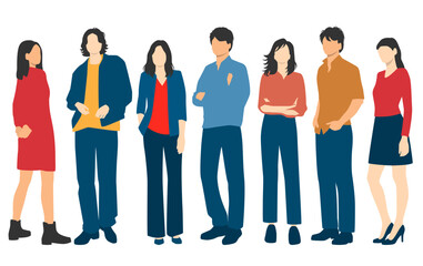 Obraz premium Set of young men and women , different colors, cartoon character, group of silhouettes of standing business people, students, design concept of flat icon, isolated on white background