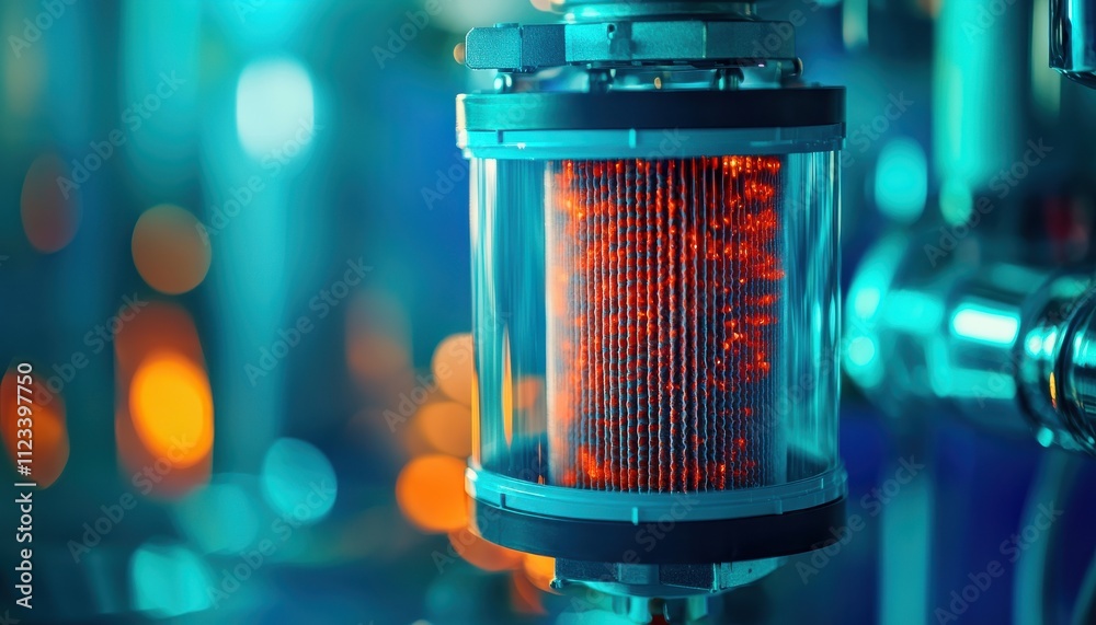 Poster a close-up image of a glowing filtration device showcasing vibrant colors and intricate details, set