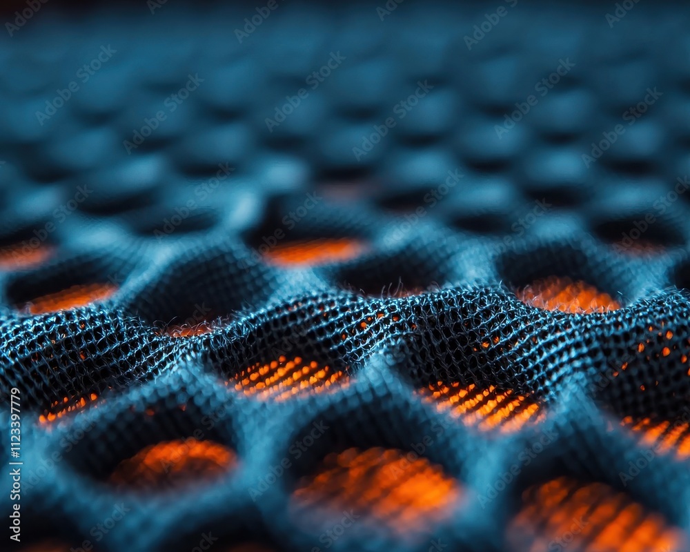 Aufkleber A close-up view of a textured mesh material with a honeycomb pattern, showcasing vibrant orange light peeking through.