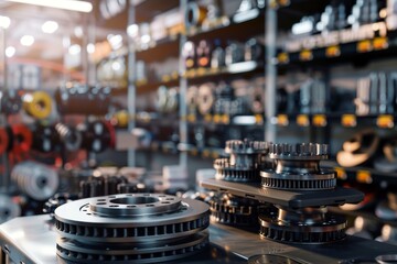 3d rendered car components  brake disk, oil filter, and belt pulleys in an industrial store setting