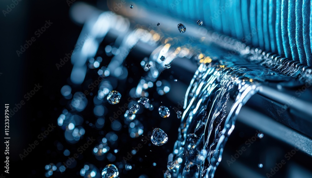Poster a close-up of water cascading down a surface, showcasing droplets and reflections, highlighting the 