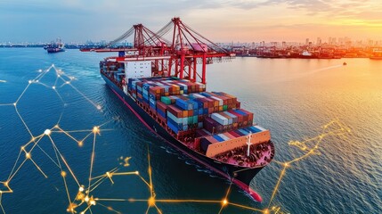 Obraz premium Container ship at sea with digital network links, digital trade network connection concept, global shipping industry 