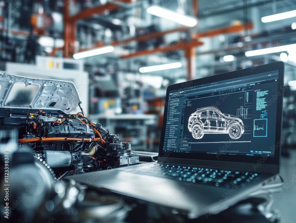 Fototapete mechanic analyzing v8 engine performance with laptop in professional garage setting