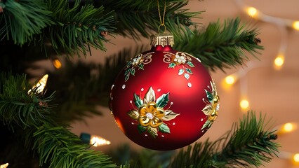 Festive, close-up photograph of a Christmas ornament hanging on a tree. The ornament is a large, glossy red bauble with intricate gold detailing, including floral patterns and decorative elements. 